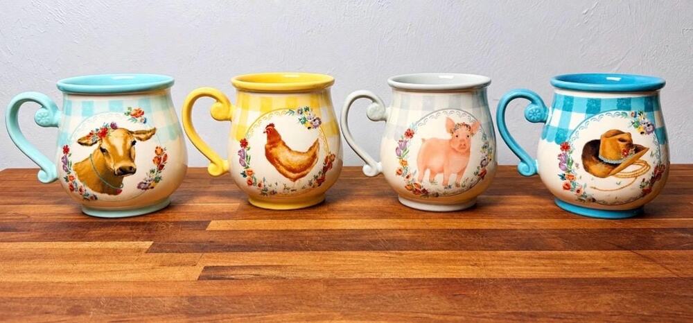 Pioneer Woman Gingham Stoneware Mug Set – Cow, Chicken, Pig, Cowboy Hat (4)